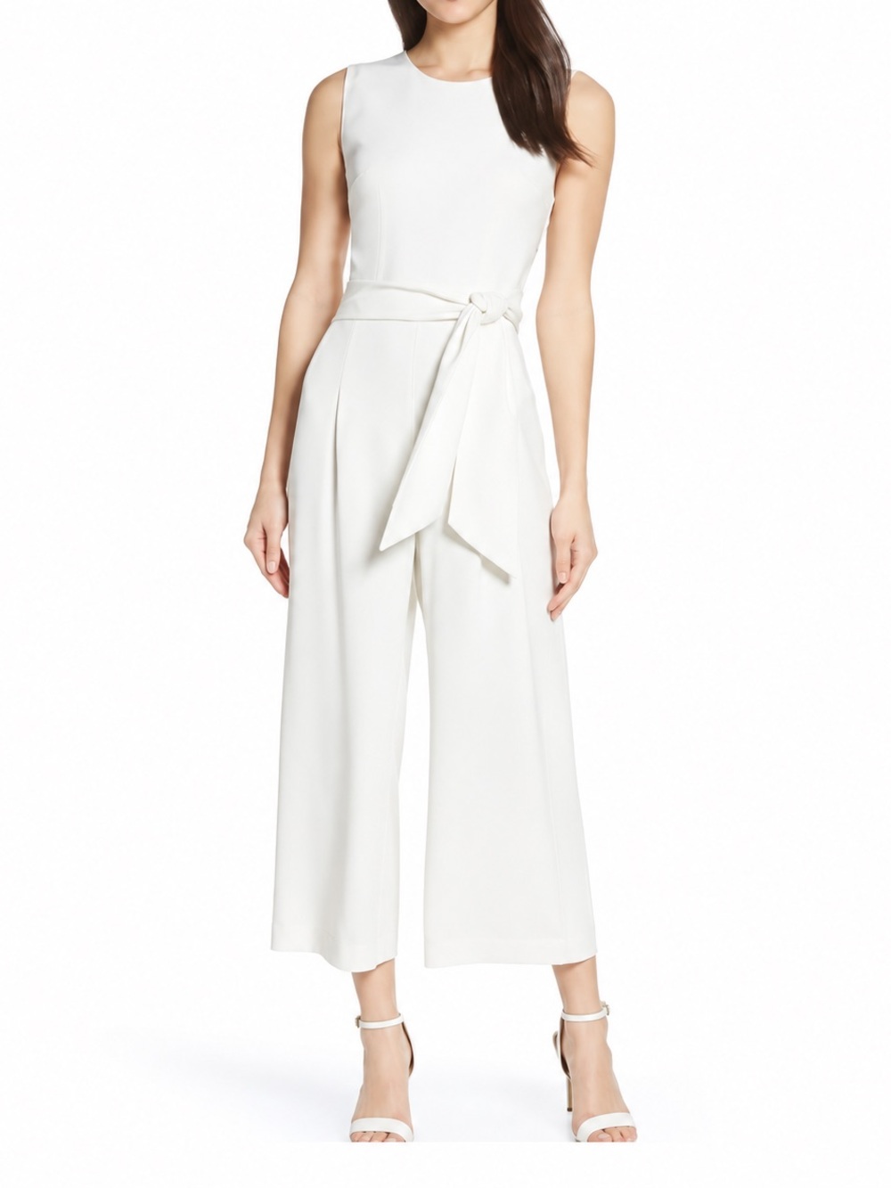 Charles Henry Women’s SP White Culotte Wide Leg Tie Waist Sleeveless Jumpsuit